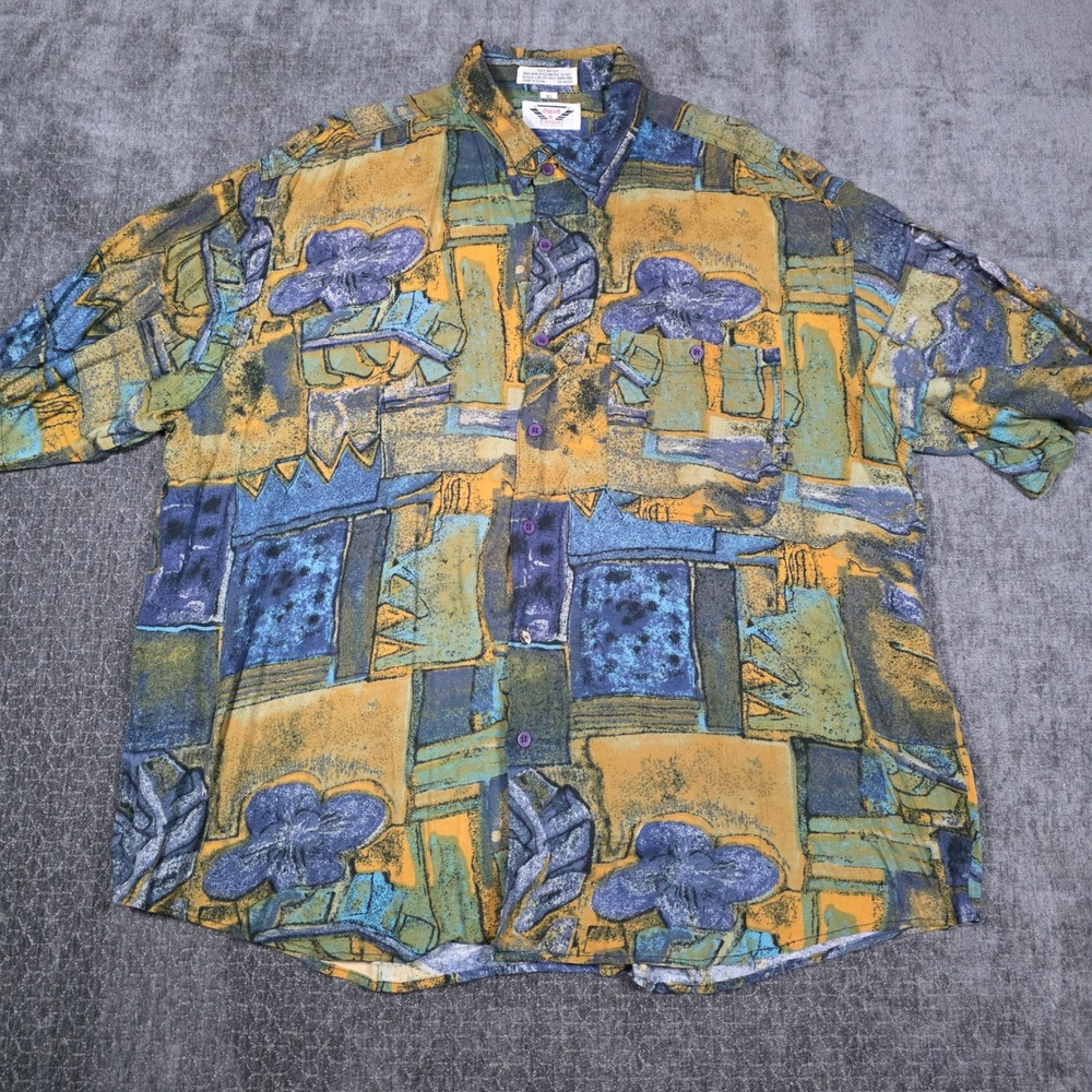 Vintage Esprit by Campus Mens XL Abstract Rayon Short Sleeve Button Up Shirt